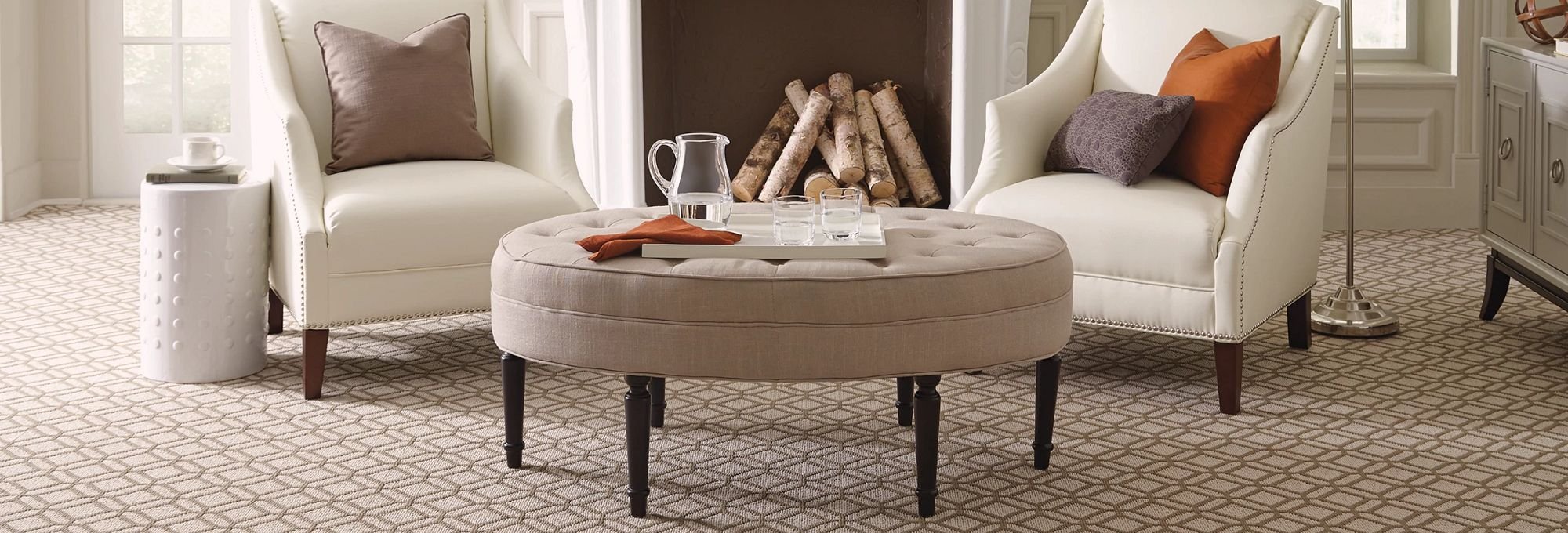 Living room with patterned carpet from The Carpet Shoppe Inc in Tulare, CA