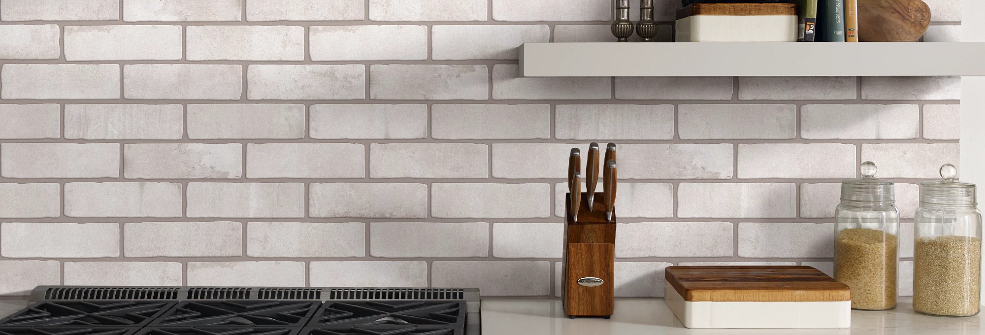 Kitchen with white tile brick backsplash from The Carpet Shoppe Inc in Tulare, CA